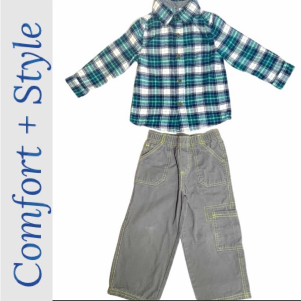 Flannel Shirt and Cargo Pants Set 2 pc Gray Green White Blue Plaid Size 3T